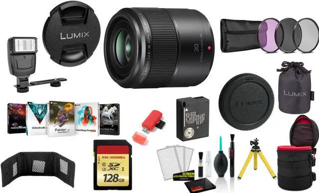 Main image of Panasonic Lumix G Macro 30mm f/2.8 ASPH. MEGA O.I.S. Lens with 128GB Memory Card and More (International Model)