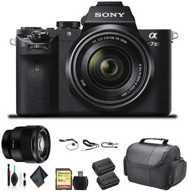 Main image of Sony Alpha a7 II Mirrorless Camera with FE 28-70mm f/3.5-5.6 OSS Lens ILCE7M2K/B With Sony FE 85mm Lens, Soft Bag, Additional Battery, 64GB Memory Card, Card Reader , Plus Essential Accessories