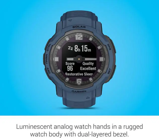 Alt view image 3 of 4 - Garmin Instinct Crossover Solar, Rugged Hybrid Smartwatch with Solar, Analog Hands and Digital Display, Tidal Blue