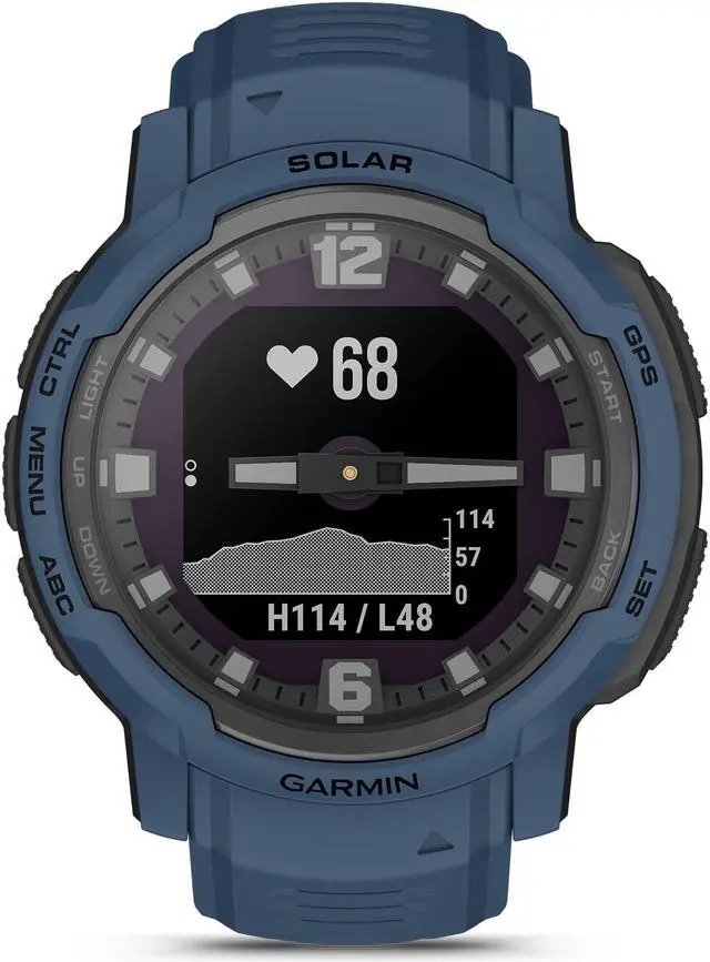 Alt view image 2 of 4 - Garmin Instinct Crossover Solar, Rugged Hybrid Smartwatch with Solar, Analog Hands and Digital Display, Tidal Blue