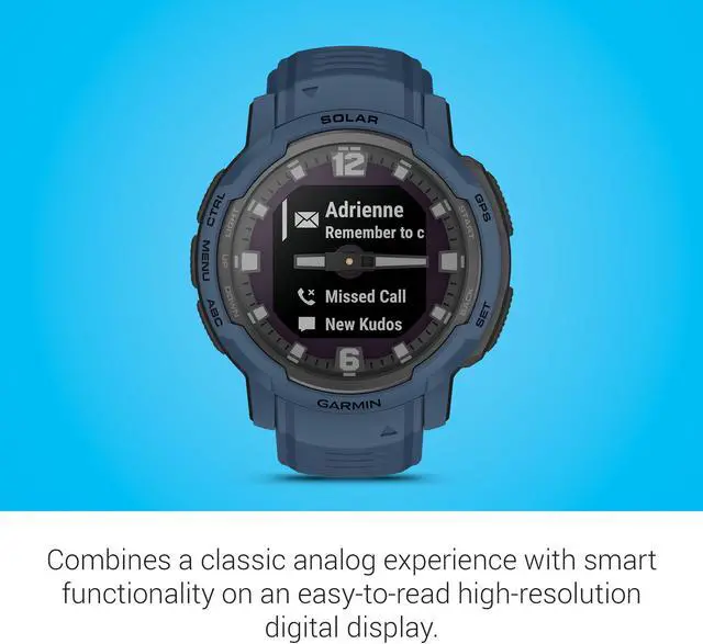 Alt view image 4 of 4 - Garmin Instinct Crossover Solar, Rugged Hybrid Smartwatch with Solar, Analog Hands and Digital Display, Tidal Blue
