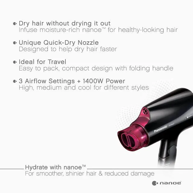 Alt view image 2 of 7 - nanoe Compact Hair Dryer for Healthy-Looking Hair, 1400W Portable, Folding Handling and Quickdry Nozzle for Fast Drying EH-NA27-K (Black/Pink)