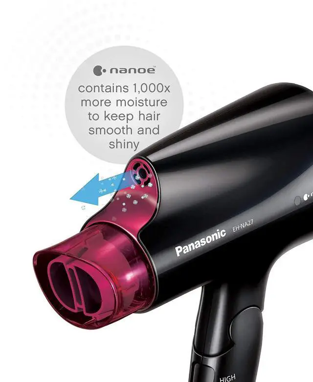 Alt view image 3 of 7 - nanoe Compact Hair Dryer for Healthy-Looking Hair, 1400W Portable, Folding Handling and Quickdry Nozzle for Fast Drying EH-NA27-K (Black/Pink)