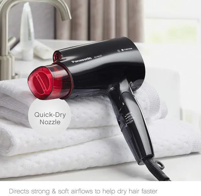 Alt view image 4 of 7 - nanoe Compact Hair Dryer for Healthy-Looking Hair, 1400W Portable, Folding Handling and Quickdry Nozzle for Fast Drying EH-NA27-K (Black/Pink)