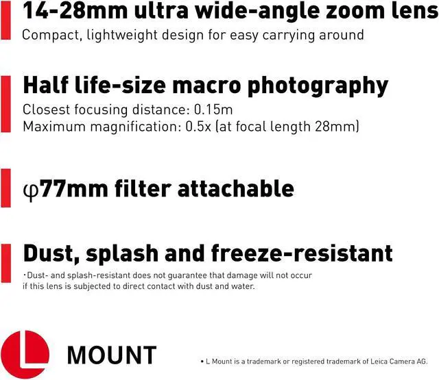 Alt view image 2 of 18 - Panasonic LUMIX S Series Camera Lens, 14-28mm F4-5.6 Ultra Wide-Angle Zoom Lens with Macro Capability, S-R1428