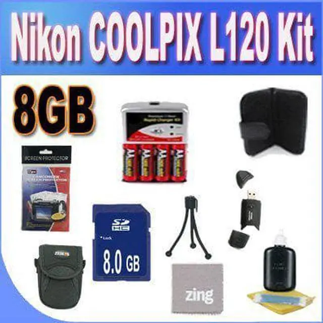 Main image of Nikon COOLPIX L120 8GB Accessory Saver Kit (8GB SDHC Memory Card+ Set of 4 NIMH Rechargeable AA Batteries+ Rapid Battery