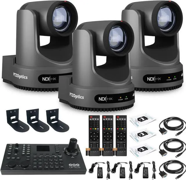 Main image of 3 x PTZOptics Move 4K PTZ Camera with 12x Zoom (Gray) (PT12X-4K-GY-G3) + SuperJoy PTZ Controller + 3 x Wall Mount