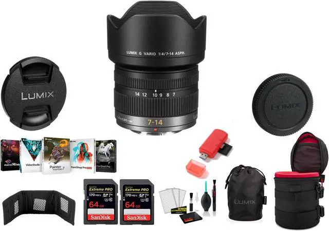 Main image of Panasonic Lumix G Vario 7-14mm f/4 ASPH. Lens with 2x 64 Memory Cards and More (International Model)