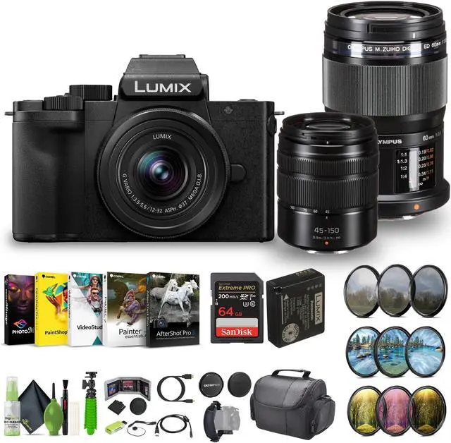 Main image of Lumix G100D 4K Mirrorless Camera M.Zuiko ED 60mm Lens+12-32mm+G Vario 45-150mm