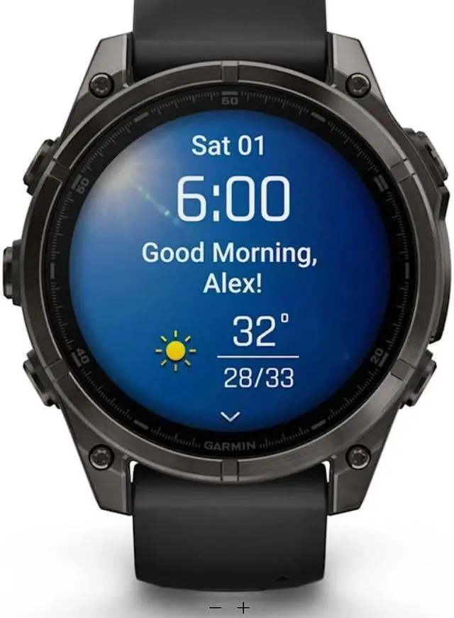 Alt view image 2 of 18 - Garmin fnix® 8, 47 mm, AMOLED, Sapphire, Carbon Gray DLC Titanium with Black/Pebble Gray Silicone Band
