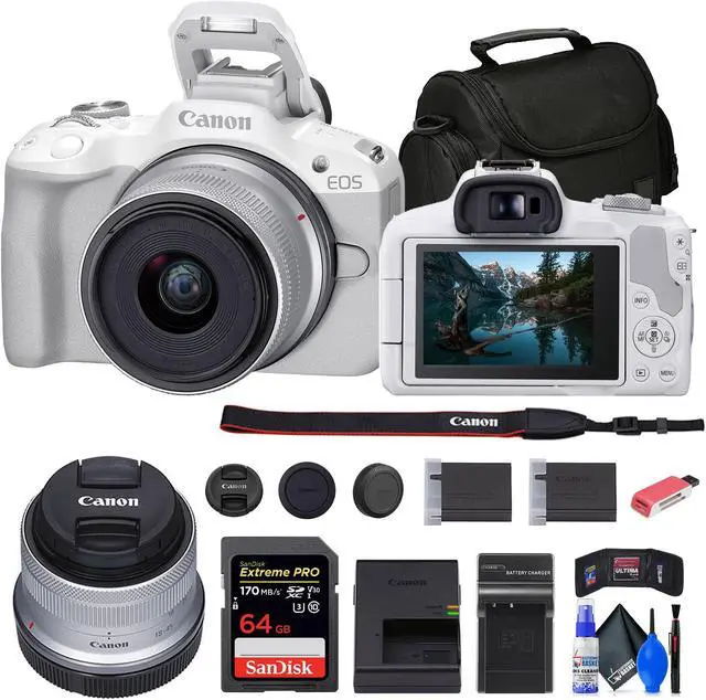 Main image of Canon EOS R50 Mirrorless Camera with 18-45mm Lens (White) + 64GB Card + Bag + More