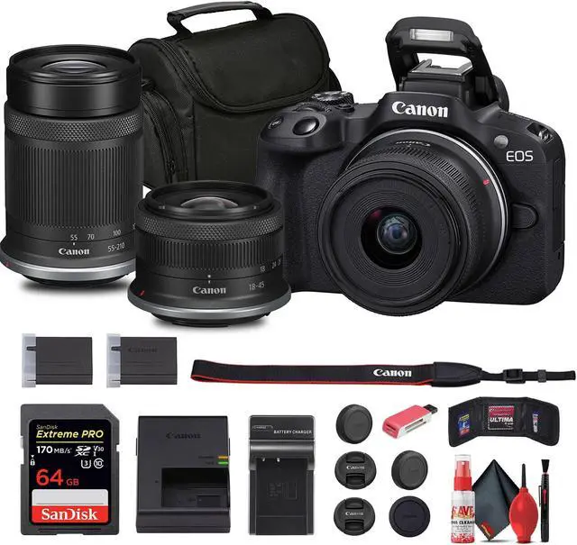 Main image of Canon EOS R50 Mirrorless Camera with 18-45mm and 55-210mm Lenses+ 64GB Card + Bag + Charger + More