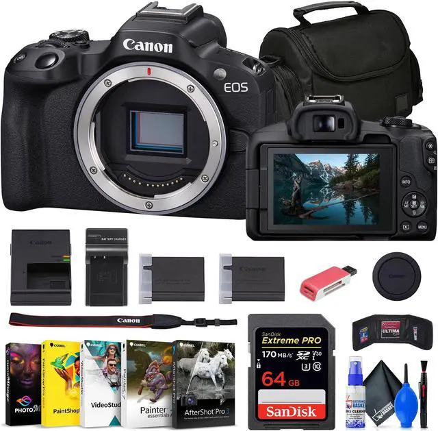 Main image of Canon EOS R50 Mirrorless Camera + 64GB Card + Bag + Charger + Battery + More