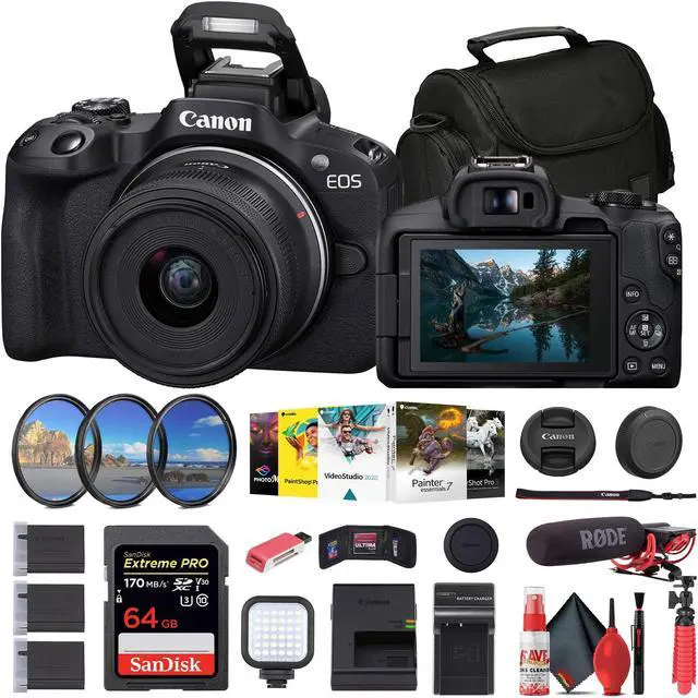 Main image of Canon EOS R50 Mirrorless Camera with 18-45mm Lens + 64GB Card + Bag + More