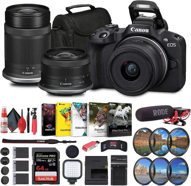 Main image of Canon EOS R50 Mirrorless Camera with 18-45mm and 55-210mm Lenses+ 64GB Card + Bag + Charger + More