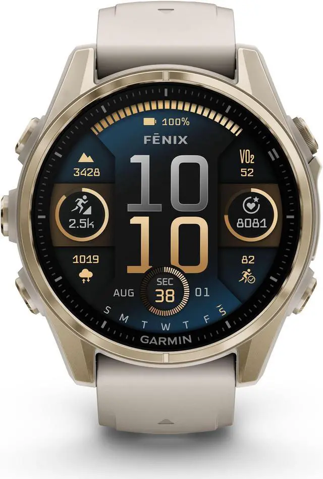 Alt view image 2 of 4 - fenix 8 43mm AMOLED Sapphire Soft Gold W/ Fog Gray/Dark Sandstone Silicone Band