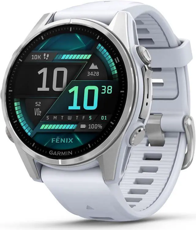 Main image of Garmin fnix® 8 - 43mm, AMOLED, Premium Multisport GPS Smartwatch, Long-Lasting Battery Life, Dive-Rated, Built-in LED Flashlight, Silver with Whitestone Band
