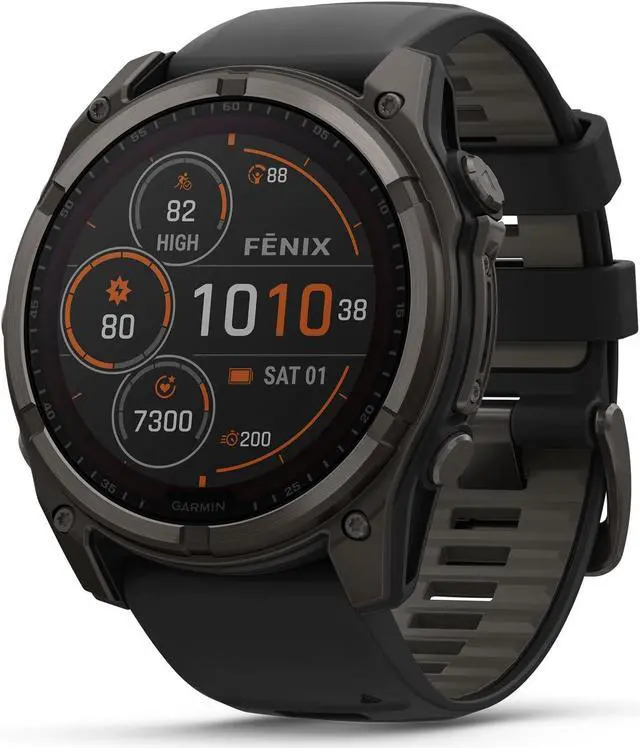 Main image of Garmin fnix® 8 - 51 mm, Solar, AMOLED, Sapphire, Premium Multisport GPS Smartwatch, Long-Lasting Battery Life, Dive-Rated, Built-in LED Flashlight, Carbon Gray DLC Titanium with Pebble Gray Band
