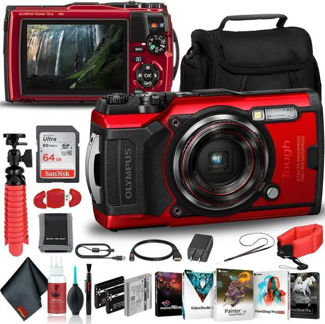 Alt view image 3 of 3 - Olympus Tough TG-6 Waterproof Camera (Red) - Adventure Bundle - With 2 Extra Batteries + Float Strap + Sandisk 64GB Ultra Memory Card + Padded Case + Flex Tripod + Photo Software Suite + More