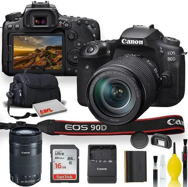 Alt view image 3 of 3 - Canon EOS 90D DSLR Camera With 18-135mm Lens, Canon EF-S 55-250mm f/4-5.6 IS STM Lens, Soft Padded Case, Memory Card, and More