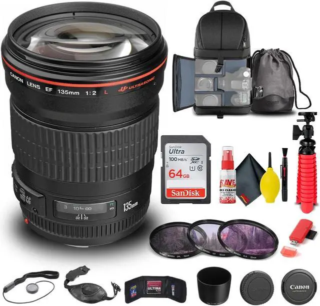 Alt view image 3 of 3 - Canon EF 135mm f/2L USM Lens (2520A004) + Filter + BackPack + 64GB Card + More