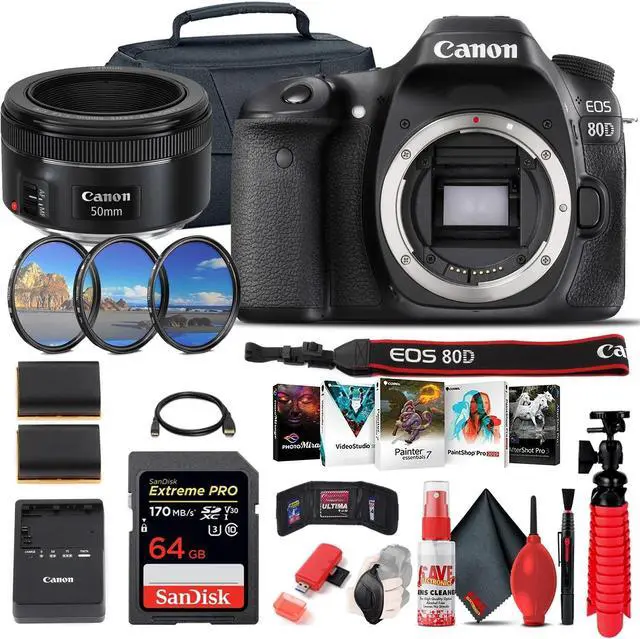 Alt view image 3 of 3 - Canon EOS 80D DSLR Camera (Body Only) (1263C004) + EF 50mm Lens + 64GB Advanced Bundle
