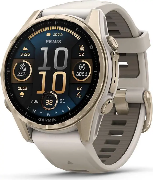 Main image of Garmin fnix® 8 - 43mm, AMOLED, Sapphire, Premium Multisport GPS Smartwatch, Long-Lasting Battery Life, Dive-Rated, Built-in LED Flashlight, Soft Gold with Dark Sandstone Band