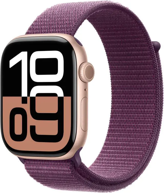 Main image of Apple Watch Series 10 [GPS 46mm case] Smartwatch with Rose Gold Aluminium Case with Plum Sport Loop. Fitness Tracker, ECG App, Always-On Retina Display, Carbon Neutral