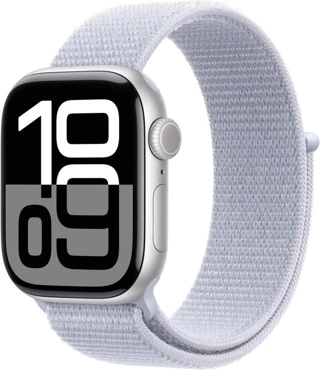 Main image of Apple Watch Series 10 [GPS 42mm case] Smartwatch with Silver Aluminium Case with Blue Cloud Sport Loop. Fitness Tracker, ECG App, Always-On Retina Display, Carbon Neutral