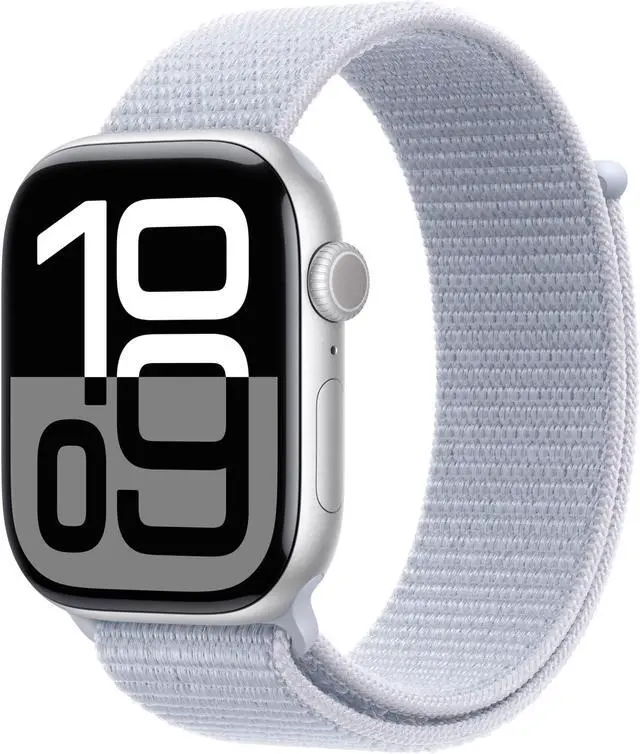 Main image of Apple Watch Series 10 [GPS 46mm case] Smartwatch with Silver Aluminium Case with Blue Cloud Sport Loop. Fitness Tracker, ECG App, Always-On Retina Display, Carbon Neutral