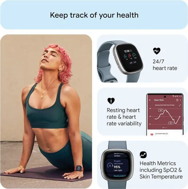 Alt view image 6 of 6 - Fitbit Versa 4 Fitness Smartwatch, Waterfall Blue / Platinum Aluminum | FB523SRAG-US