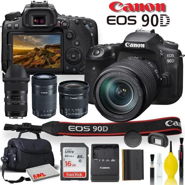 Alt view image 3 of 3 - Canon EOS 90D DSLR Camera With 18-135mm Lens, Sigma 18-35mm, Canon EF-S 55-250mm, Canon EF-S 10-18mm, Soft Padded Case, Memory Card, and More - Triple Lens Set