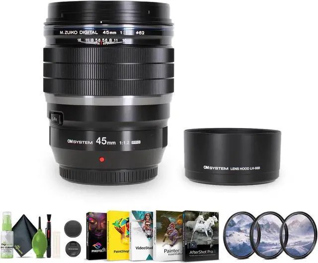 Main image of OM SYSTEM M.Zuiko Digital ED 45mm f/1.2 PRO Lens (Micro Four Thirds) + 62mm 3 Piece High Resolution Filter Kit + VIVLC4.5 + Cleaning kit + Corel Photo, Video, & Art Suite Deluxe