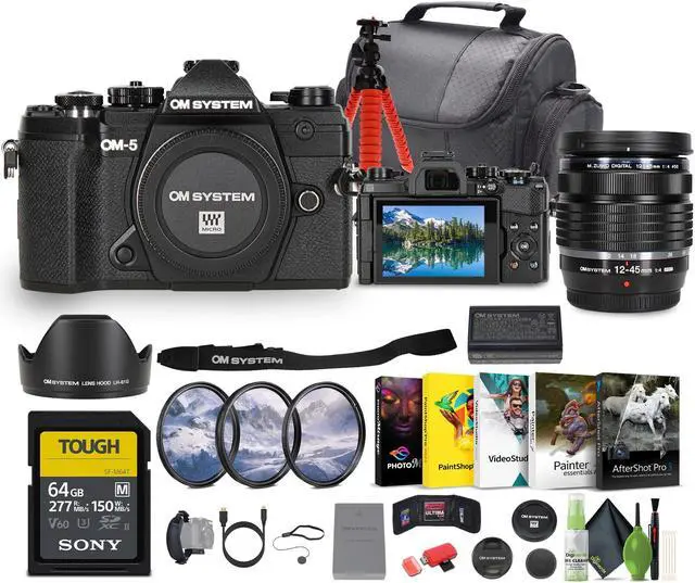 Main image of OM SYSTEM OM-5 Mirrorless Camera with 12-45mm f/4 PRO Lens (Black) + 64GB SF-M Tough Series UHS-II SDXC Memory Card + Professional MC 3 Piece Filter Kit, 77mm UV/CPL/F + More