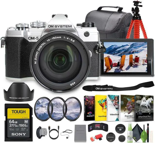 Main image of OM SYSTEM OM-5 Mirrorless Camera with 14-150mm F4-5.6 II lens - Silver (black lens) + 64GB SF-M Tough Series UHS-II SDXC Memory Card + Professional MC 3 Piece Filter Kit, 77mm UV/CPL/F + More