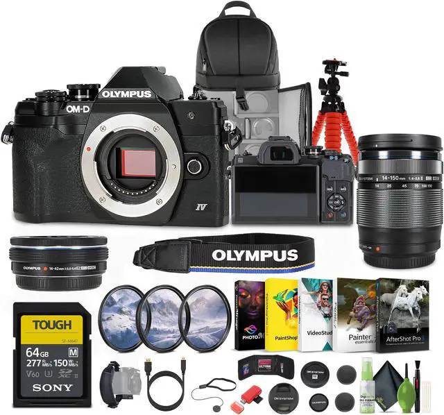 Main image of Olympus OM-D E-M10 Mark IV Mirrorless Digital Camera with 14-42mm  and 40-150 mm Lens + 3PC MC PRO FILTER KIT UV/CPL/F 37MM + 64GB SF-M Tough Series UHS-II SDXC Memory Card + More