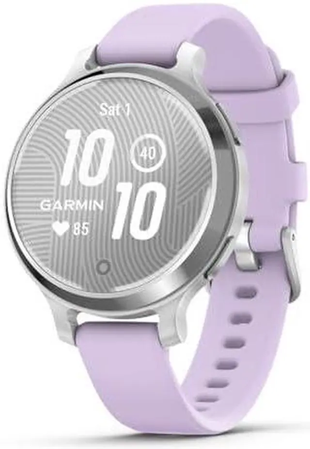 Main image of Garmin Lily® 2 Active, Small and Stylish Smartwatch, Built-in GPS, Hidden Display, Patterned Lens, Up to 9 Days Battery Life, Silver with Purple Jasmine Silicone Band