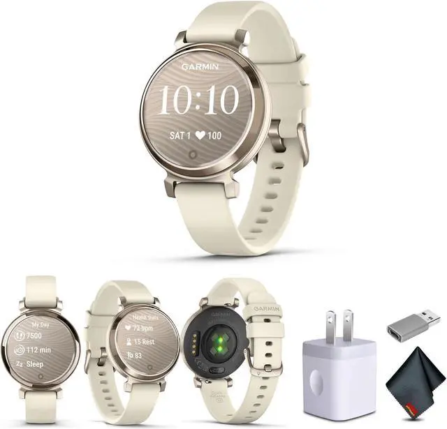 Main image of Garmin Lily 2, Small and Stylish Smartwatch Cream Gold with Coconut Bundle