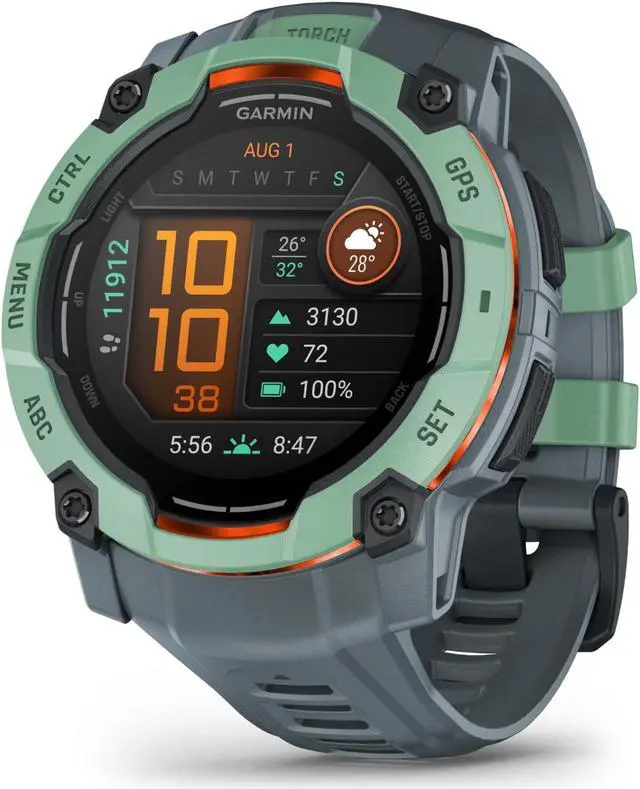 Main image of Garmin Instinct® 3 50mm, AMOLED Display, Rugged Outdoor GPS Smartwatch, Metal-Reinforced Bezel, Built-in Flashlight, Up to 18 Days of Battery Life, Neo Tropic/Twilight
