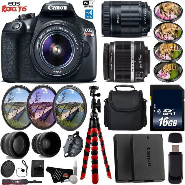 Alt view image 5 of 5 - Canon EOS Rebel T6 DSLR Camera + 18-55mm IS Lens & 55-250mm IS STM Lens + UV FLD CPL Filter Kit + 4 PC Macro Kit + Wide Angle & Telephoto Lens + Case + Tripod + Card Reader + Bundle (Intl Model)