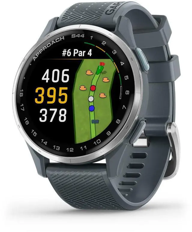 Main image of Garmin Approach® S44, Essential Golf GPS Smartwatch, AMOLED Display, On-Course Features, Silver Aluminum Bezel with Twilight Silicone Band