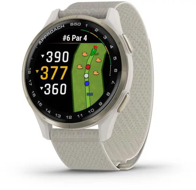 Main image of Garmin Approach® S50, Advanced Golf GPS Smartwatch, AMOLED Display, On-Course Features, Wrist-Based Heart Rate, Cream Gold Aluminum Bezel with Ivory ComfortFit Nylon Band