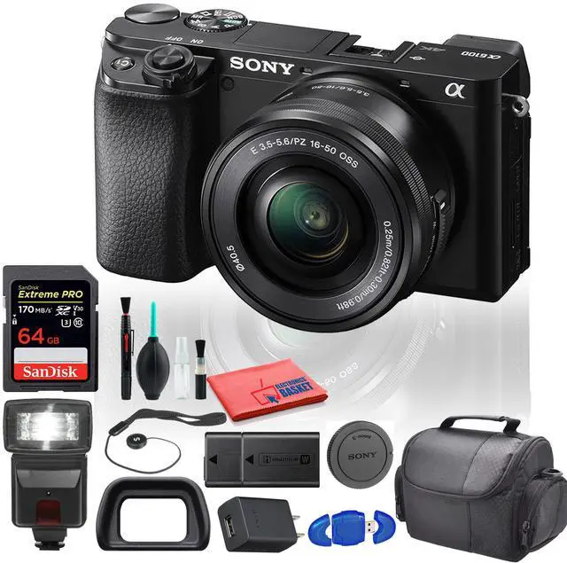 Main image of Sony Alpha a6100 Mirrorless Digital Camera (ILCE6100L/B) with 16-50mm Lenses With Flash, Extra Battery, Tripod, 64GB Memory Card, Padded Bag, and More - Advanced Bundle