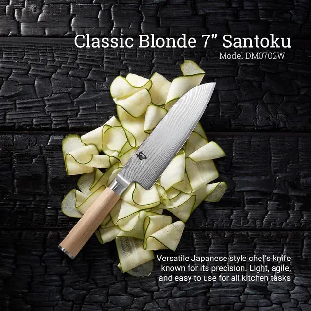 Alt view image 3 of 4 - Shun Classic Blonde 7" Santoku Knife, Handcrafted Japanese All Purpose Knife, VG-MAX Core with Damascus Stainless Steel Cladding, Pakkawood Handle, Versatile Japanese Cutting Tool