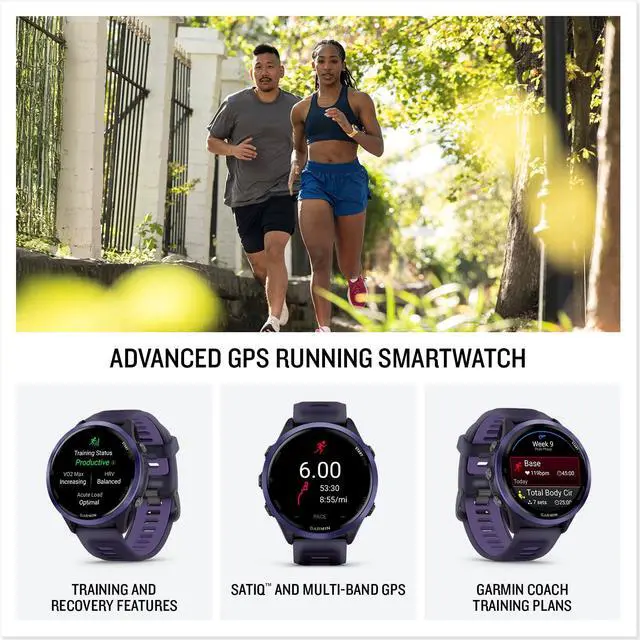 Alt view image 2 of 3 - Garmin® Forerunner® 570, 47mm, Advanced GPS Running and Triathlon Smartwatch, AMOLED Display, Training and Recovery Features, Indigo Aluminum with Translucent Imperial Purple/Indigo Band