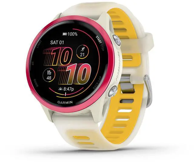 Main image of Garmin® Forerunner® 570, 42mm, Advanced GPS Running and Triathlon Smartwatch, AMOLED Display, Training and Recovery Features, Raspberry Aluminum with Translucent Bone/Mango Band