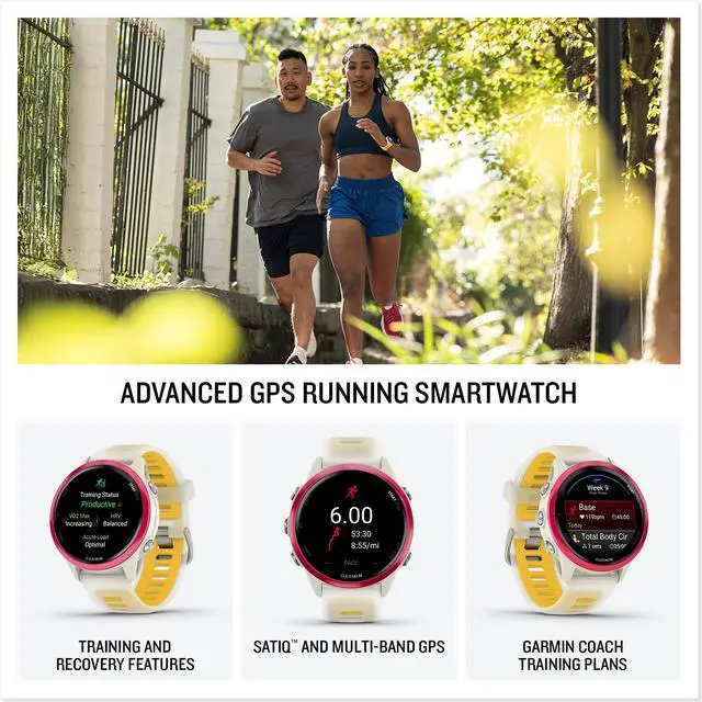 Alt view image 2 of 14 - Garmin® Forerunner® 570, 42mm, Advanced GPS Running and Triathlon Smartwatch, AMOLED Display, Training and Recovery Features, Raspberry Aluminum with Translucent Bone/Mango Band