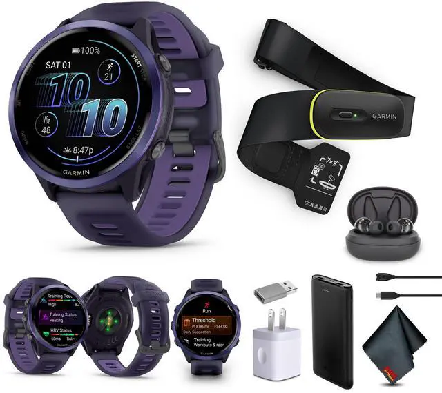 Main image of Garmin Forerunner 570  47MM, Indigo Aluminum with Translucent Imperial Purple/Indigo Band , Air Pro EarBuds