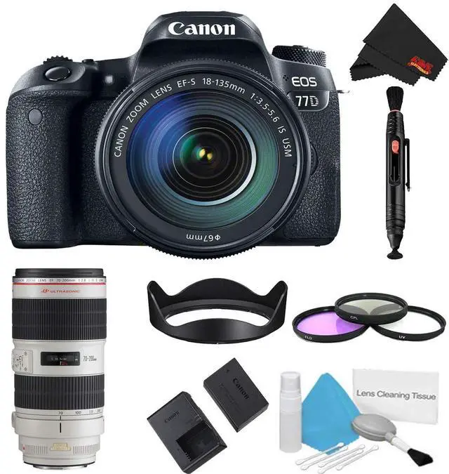 Main image of Canon EOS 77D DSLR Camera with 18-135mm Lens Bundle w/ 3 Piece Filter Kit + Bonus 70-200mm Lens (Intl Model)