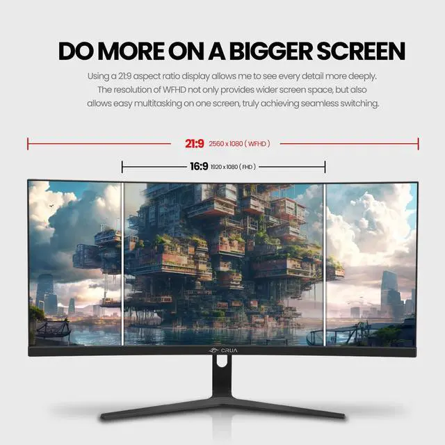 Alt view image 3 of 3 - CRUA 30Inch Ultrawide Curved Monitor, 21:9 WFHD(2560x1080P) VA Computer Monitor, 99% sRGB 100HZ 1500R PC Monitors Support FreeSync, Wall-Mounted, with HDMI/DP Display Port-Black